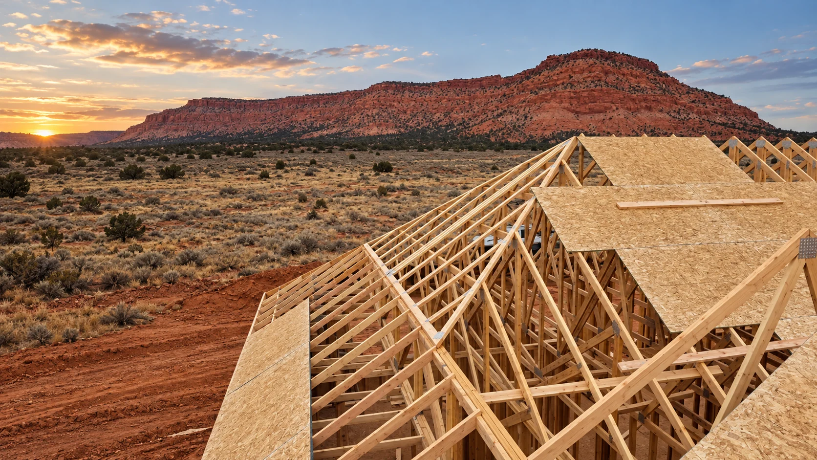 S&N Construction roof framing beneath Southern Utah red cliffs